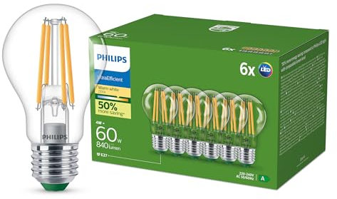 Philips Ultra Efficient - Ultra energy saving lights, E27 LED light source, 60W, A60, warm white, pack of 6, clear