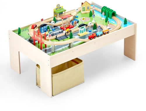VEVOR Holz Aktivitätstisch, 84-teilig, mit zusammenklappbarem Aufbewahrungsbehälter, 3-in-1-Eisenbahnset zum Spielen, Malen, Lesen, Essen, kreatives Spielzeugset für Kinder ab 3 Jahren