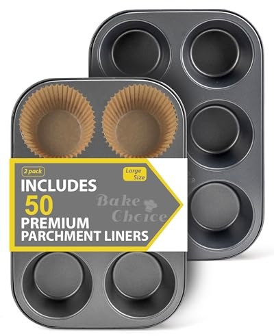 Bake Choice 2 Pezzi Jumbo Teglia Muffin con 6 Stampo Muffin,Inclusi 50 Pezzi Jumbo Pirottini in Carta, in Acciaio al Carbonio