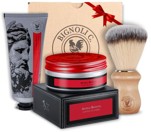Bignoli Set Rasatura Tradizionale – Kit Barba Uomo - Sapone da Barba 175g + Crema Dopobarba 75ml + Pennello | Qualità Artigianale - Set Regalo Uomo (Antica Ricetta)