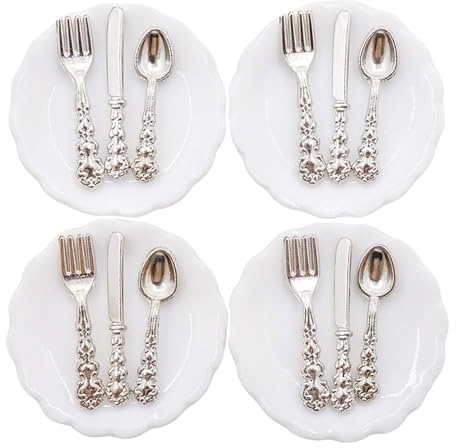 AMISENK Juego de 4 piezas de vajilla en miniatura para casas de muñecas a escala 1/12 con platos y cubiertos, decoración de casas de muñecas, accesorios en miniatura