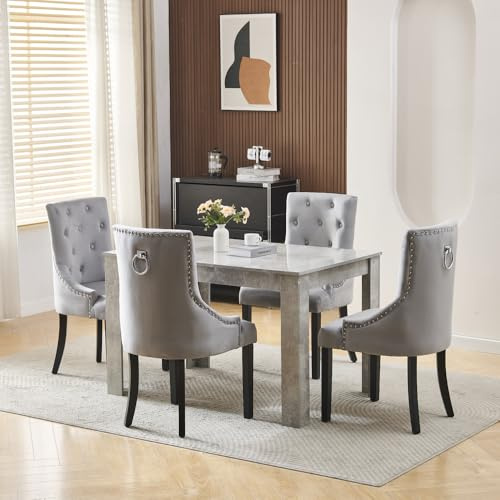 Homullel 120cm Dining Table and 4 Chairs, 4 Seater Kitchen Table and Chairs Set for Space Saving, Dining Room Set for 4, Grey (4 Seaters, Knocker Velvet Light Gray#3)