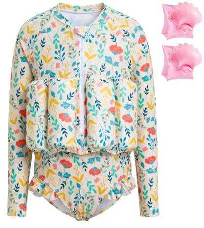Summshall Toddler Swimsuit with Floatation, Baby Girls Long Sleeve Floating Bathing Suit Swim Suit for Summer Beach Beige