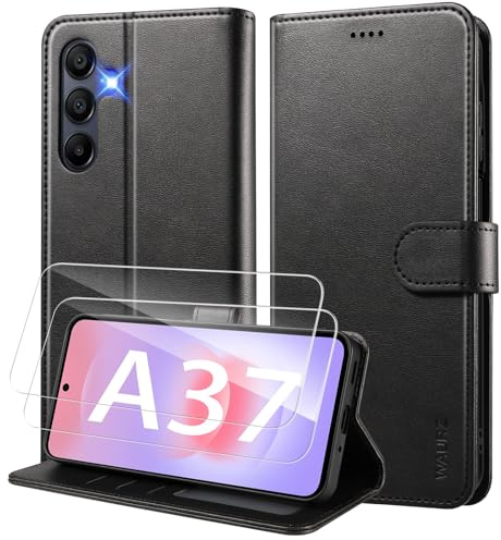 WAURZ Fodral för Samsung Galaxy A37 5G mobiltelefonfodral med 2 skyddsglas skyddsfilm skyddsfodral läder vikbart flip case kortfack stativ mobilväska fodral etui cover vikbart fodral, svart