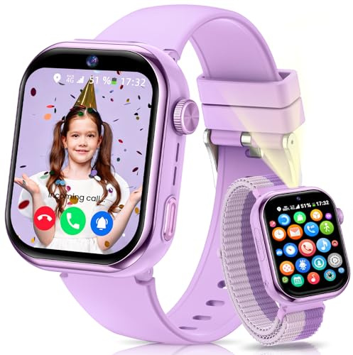 BANLVS Reloj Inteligente Niña, 4G Smartwatch Niña con GPS y Llamadas, Doble Cámara, Videollamada, SOS, Modo Escuela, Despertador, Linterna, IP68, Podómetro Regalo Niñas y Niños Púrpura 3 Años Garantía