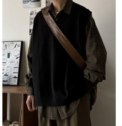 Men's Retro O-Neck Knitted Vest Oversize Loose Pullover Sleeveless Sweater Tops Casual Solid Waistcoat for Spring Fall Winter Daily Office Dating Black