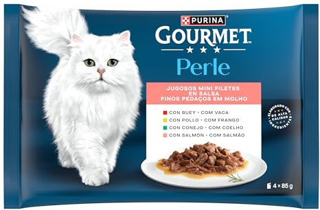 GOURMET Perle Mini Filetes en Salsa, Comida Húmeda para Gato Adulto, Trocitos en Salsa, Surtido de Buey, Pollo, Conejo y Salmón, 12 Packs de 4 Sobres de 85 g. (48 sobres)