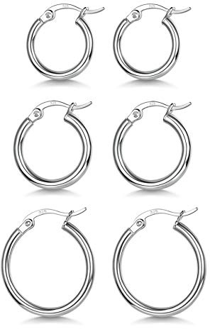 3 Pairs 925 Sterling Silver Hoop Earrings Small White Gold Plated Hoop Earrings for Women (13mm, 15mm, 20mm)