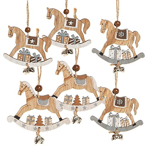 Logbuch-Verlag 6 Weihnachtsanhänger aus Holz Baumschmuck natürlich Pferdchen Schaukelpferd Holzpferd Baumanhänger 8 cm