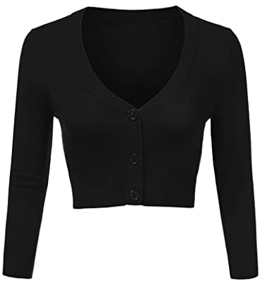 Totatuit Women's Black Cropped V-Neck Long Sleeve Cardigan