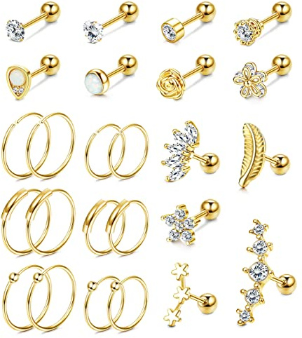 YADOCA 25 Piezas 16G Pendientes de Cartílago de Oreja de Acero Inoxidable para Mujeres Niñas Oro Pendientes Labret Tragus Conch Cartílago Helix Piercing Joyería