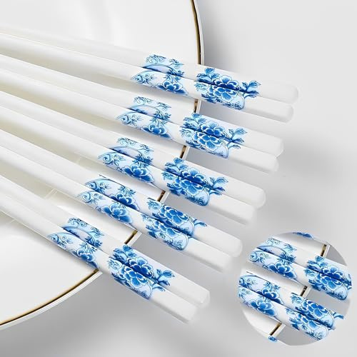 Chopsticks Reusable Ceramic 5 Pairs Porcelain Gift Set Blue Peony