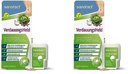 sanotact VerdauungsHeld • 40 Mini-Tabletten • Hilft bei Verdauung von Getreide, Kohl & Hülsenfrüchten • Reizdarm Tabletten verdauungsfördernd bei Blähbauch (Packung mit 2)