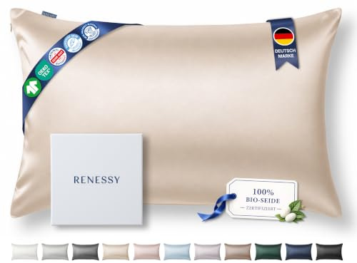 RENESSY Funda de Almohada de Seda 100% Orgánica 50x70 cm - 22 Momme Seda de Morera, Grado 6A, certificada por Oeko-Tex en Alemania - Lujo para el Cabello y la Piel, 1 Unidad (Champán)