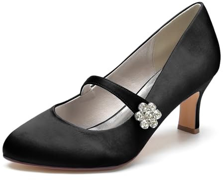 EICOFF Women's Bridal Shoes Closed Toe Satin Mary Jane Wedding Shoes,Black,9.5 UK