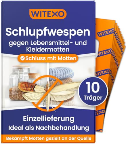 Witexo Schlupfwespen gegen Lebensmittelmotten und Kleidermotten 10 Träger | Ergänzende Lieferung gegen Motten in Schrank, Vorrat, Textilien und Lebensmittel