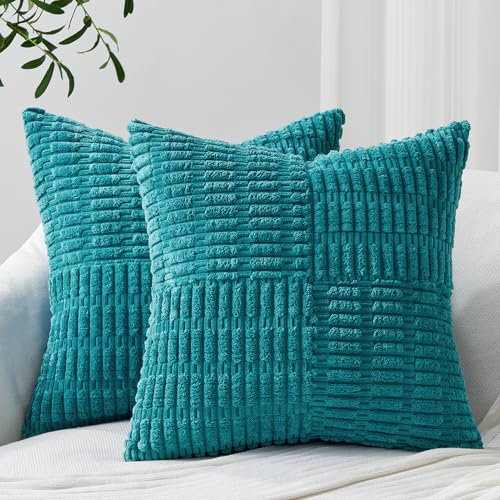 Topfinel Kordsamt Kissenbezug 45x45 Türkis 2er Set Dekokissen Boho Kissenbezüge Sofakissen Couchkissen Zierkissenbezüge Kissenhüllen Patchwork Design Deko für Sofa Schlafzimmer Wohnzimmer