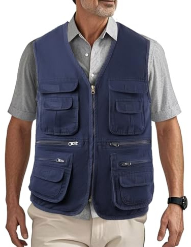 HZQIFEI Gilets de Pêche pour Hommes Gilet de Travail Plein air Photographie Sport Multi-poches Gilet Veste Sans Manches MJ20 (Bleu foncé, 3XL)