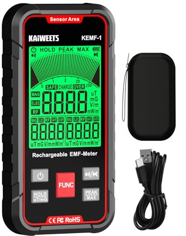 KAIWEETS EMF Detector, 3-in-1 Handheld EMF Meter Detects EF, RF, MF, WiFi Signal, Rechargeable Radiation Detector with 3 Color Backlight and Sound Alarm, Suitable for Home, Office, Ghost Hunting