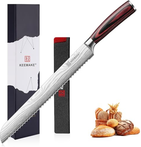 KEEMAKE Couteau Cuisine à Pain 25,4 cm, Couteau a Pain Professionnel avec Fourreau de Lame, Couteaux de Cuisine en Acier Inoxydable pour Boulangerie