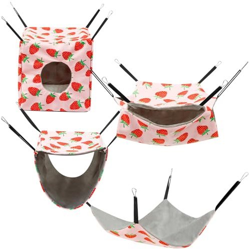 4 Stück Hamster Hängematten Haus,Hängeschaukel Kleintiere Bettwäsche,Waschbar Rattenkäfig Zubehör,Weicher Plüsch Meerschweinchenbett Spielzeug für Frettchen Ratten Meerschweinchen Papagei(Rosa)