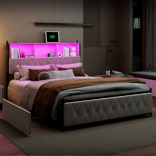 Säng 140 x 200 med LED- och USB-underlag, 2-personers säng med 4 stora lådor vadderad dubbelsäng, sänggavel, med förvaring för vuxna och tonåringar, sammet (utan madrasser) (beige A, 140 x 200 cm)