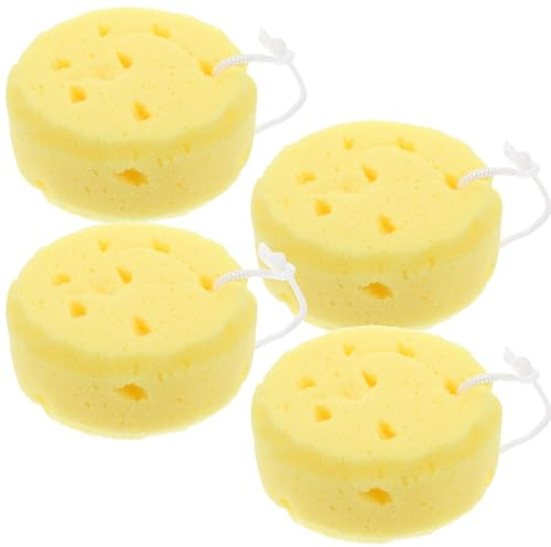 TOPPERFUN Lot 4 Éponges Exfoliantes Corps Luffa Rondes Jaunes Pour Bain Bain Unisexes Cordelette à Suspendre Rapide Sécheresse Peau Lisse