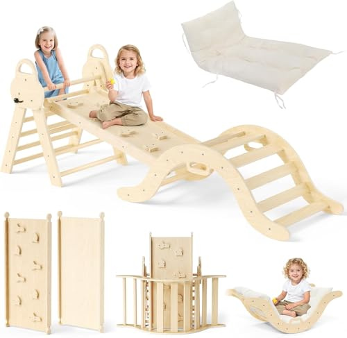 Triangle Climbing Frame for Kids, 7 in 1 Foldable Montessori Toy Wooden Climbing Triangle,Indoor Climbing Frame Set Wooden Climbing Toy with Ramp and Arch Climbing Triangle (burlywood)