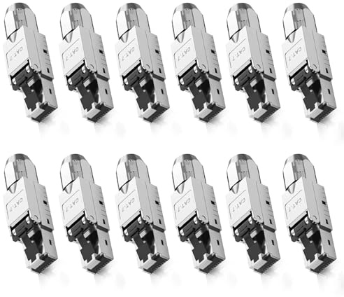 Suoxiom 12 PCS CAT 7 RJ45 Stecker Netzwerkstecker, rj45 stecker werkzeuglos LSA, vollgeschirmt STP, 10 Gbit/s (10GB/s), AWG 23-26, geeignet für starre Lan stecker Verlegekabel Ethernet