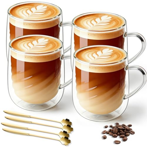 FARYODI Latte macchiato-glas med 4 dubbelväggiga kaffeglas 350 ml teglas med handtag, dubbelväggiga glas för cappuccino te espresso mjölk öl