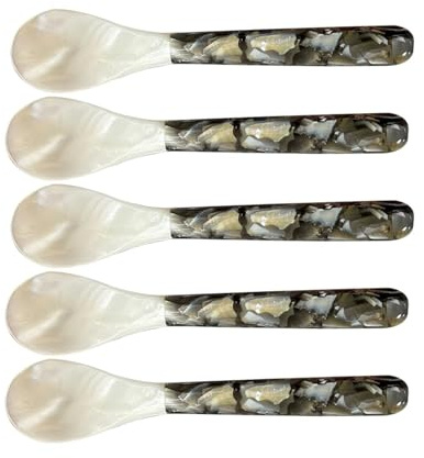 Cuchara De Caviar Gourmet - Mango Circular Iridiscente, Utensilio Para Servir Perlas, Herramienta Decorativa Para Presentación De Alimentos, Accesorio De Comedor De Lujo | Colección Acabado De Concha