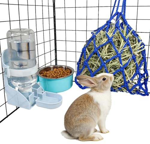 Rabbit Water Bottle Ferret Food Bowl Bunny Water Dispenser Stainless Steel Food Dish Hanging Drinking Fountain Drinker Feeder Crate Bowl Feeder Cup for Guinea Pig Hedgehog Chinchilla