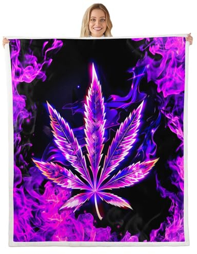 Cannabis Leaves Throw Blanket Marijuana Weed Fleece Blanket Trippy Leaf Boho Bed Blanket for Couch or Bed Purple Smoke Blanket Soft Warm Lightweight for Kids Adults Women Gift,Queen (90 x 90 Inches)
