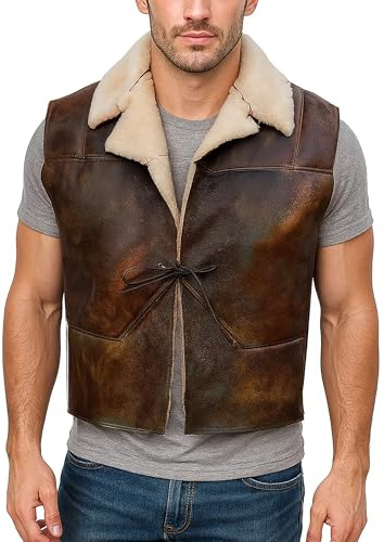 III-Fashions Mens Western Cowboy Geniune Sheepskin Leather Vest - Brown B3 Fur Shearling Bomber Costume Jacket