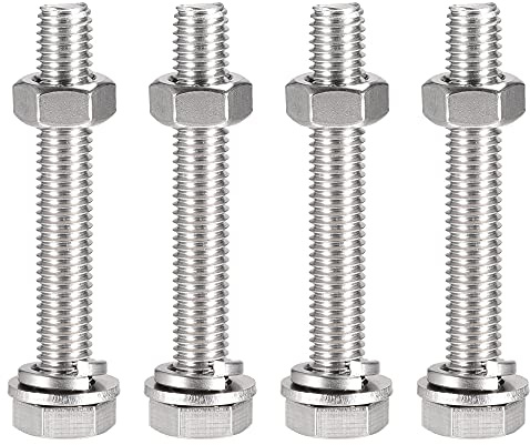sourcing map M10 x 70mm Hex Head Screws Bolts, Nuts, Flat & Lock Washers Kits, 304 Stainless Steel Fully Thread Hexagon Bolts 4 Sets