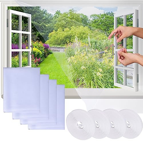 Fly Screens for Windows Net, DIY 4 Pack 1.3mx1.5m Window Netting for Insects, with Cutter and Self-Adhesive Tape, Easy Installation Keep Flys/Bugs/Mosquitoes Out (130 x 150CM, White)