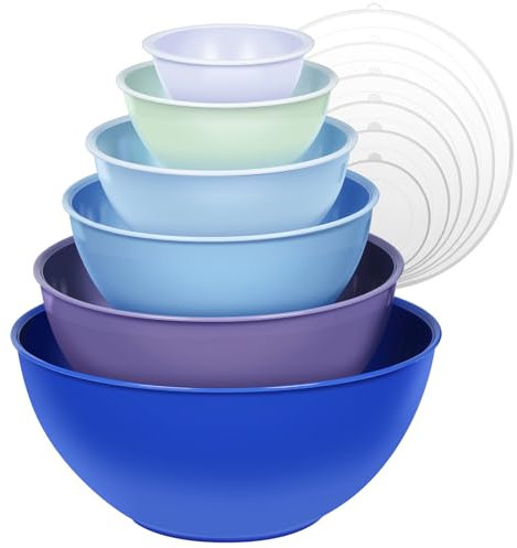 Greentainer Salatschüssel Set mit Deckel, 12-teiliges Rührschüssel aus Kunststoff, Stapelbare mixing bowls with lids für Küche,Große Schüsselset,Servierschalen ideal zum Mischen und Servieren