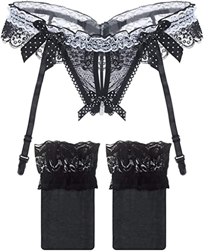 Sexy Floral Lace Garter Belt with Stockings Set Low Waist Hosiery Thong Open Design Underwear 3 Pieces Women Lingerie Set (Black, One Size)