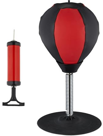 Relaxdays Tisch Boxsack, Schreibtisch Punchingball fürs Büro, Mini Boxball gegen Stress, stehende Boxbirne, schwarz/rot