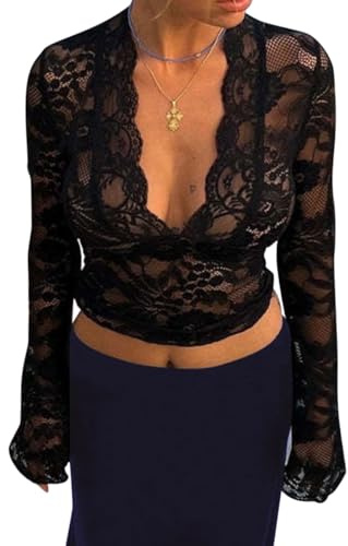 Onsoyours Femme Top Y2k Haut Court à Manches Longues Ajusté Crop Tops Dentelle Décontracté Col V Couleur Unie Basiques Transparent T-Shirt Slim Fit Shirt Sexy Y2K Cropped B Noir M