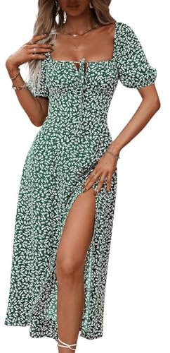 GORGLITTER Women's Floral Midi Dress Ruched Bust Split A Line Dress Boho Square Neck Short Sleeve Summer Swing Dresses Green and White L