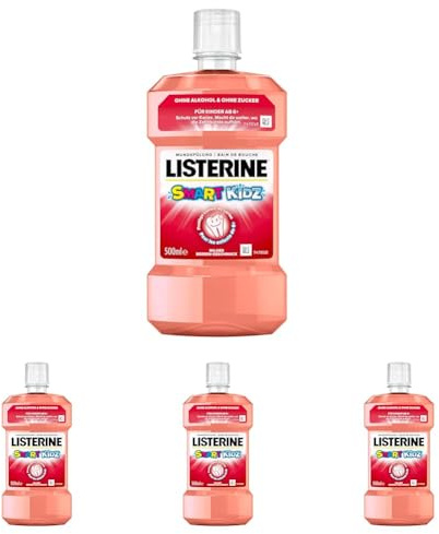 LISTERINE Smart Kidz Mild Berry (500 ml), antibakterielle Kinder Mundspülung ohne Alkohol & ohne Zucker, Mundwasser schützt vor Karies, geeignet für Kinder ab 6 Jahren (Packung mit 4)