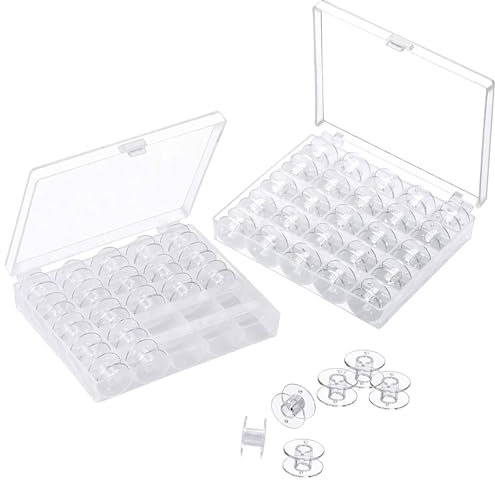 Vueinrg 50 Stück Spulen Nähmaschine Unterfadenspulen Kunststoff Nähspulen mit Transparent Spulenbox für Gängige/Spule Nähmaschine