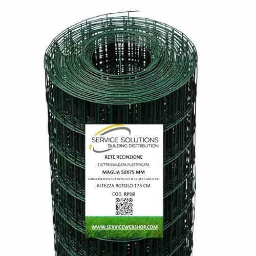 Rete Metallica Elettrosaldata Plastificata Verde – Recinzione Giardino/Orto/Animali – Rotolo 25 m, Maglia 50×75 mm, Zincata e Plastificata Resistente per Esterni | SERVICEWEBSHOP (H175CM)