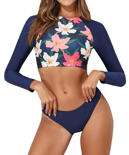 Badeanzug Damen Bauchweg Langarm Blume Schwimmshirt Shorts Tankini Schwimmanzug Badeanzug Frauen Rashguard Kurz Surfanzug Damen Rash Guard Langarm Bauchfrei Badeanzug UV-Schutz Sport Strandmode