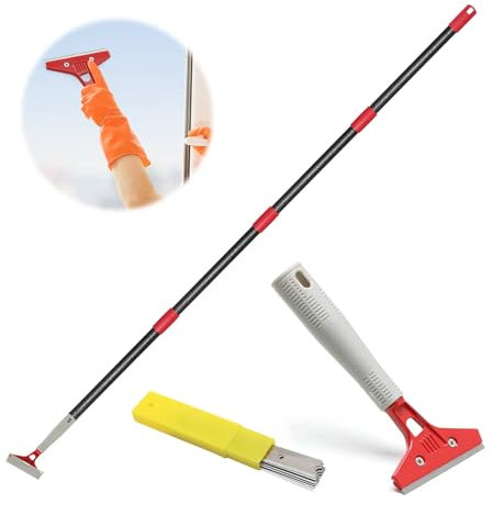 Rasqueta para Suelos, raspador de papel tapiz de mango largo, raspador de pintura de metal con 10 Cuchillas adicionales para limpiar ventanas, vidrios, azulejos, paredes y pisos
