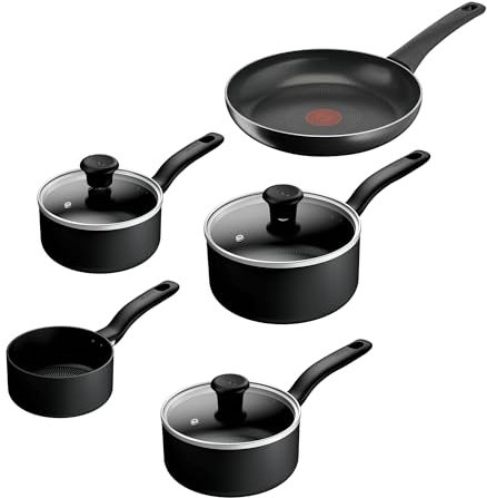 Tefal Titanium Essential 5pc Set: Saucepan 16/18/20 cm + Lids, Milkpan 14cm & Frying pan 24 cm, Non-Stick Coating, Metal Safe, All Hobs Compatible Except Induction, B941S544