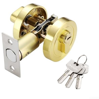 Entgoinggo Cerradura redonda de seguridad para puerta, cerrojo de un solo cilindro, cerradura de puerta delantera con llave (dorado)