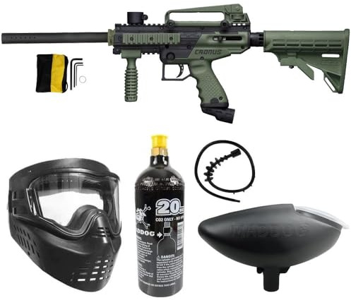 Maddog Tippmann Cronus Tactical Paintball Gun Marker and Bronze CO2 Accessory Starter Package | Comes with Marker, Anti-Fog Mask, Hopper, & 20oz CO2 Tank - Black/Olive