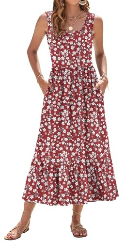 WNEEDU Vestido de Verano para Mujer Vestido Largo sin Mangas con Cintura Imperio Vestidos playeros aireados con Escote en U y Bolsillos para Mujer Flor roja M